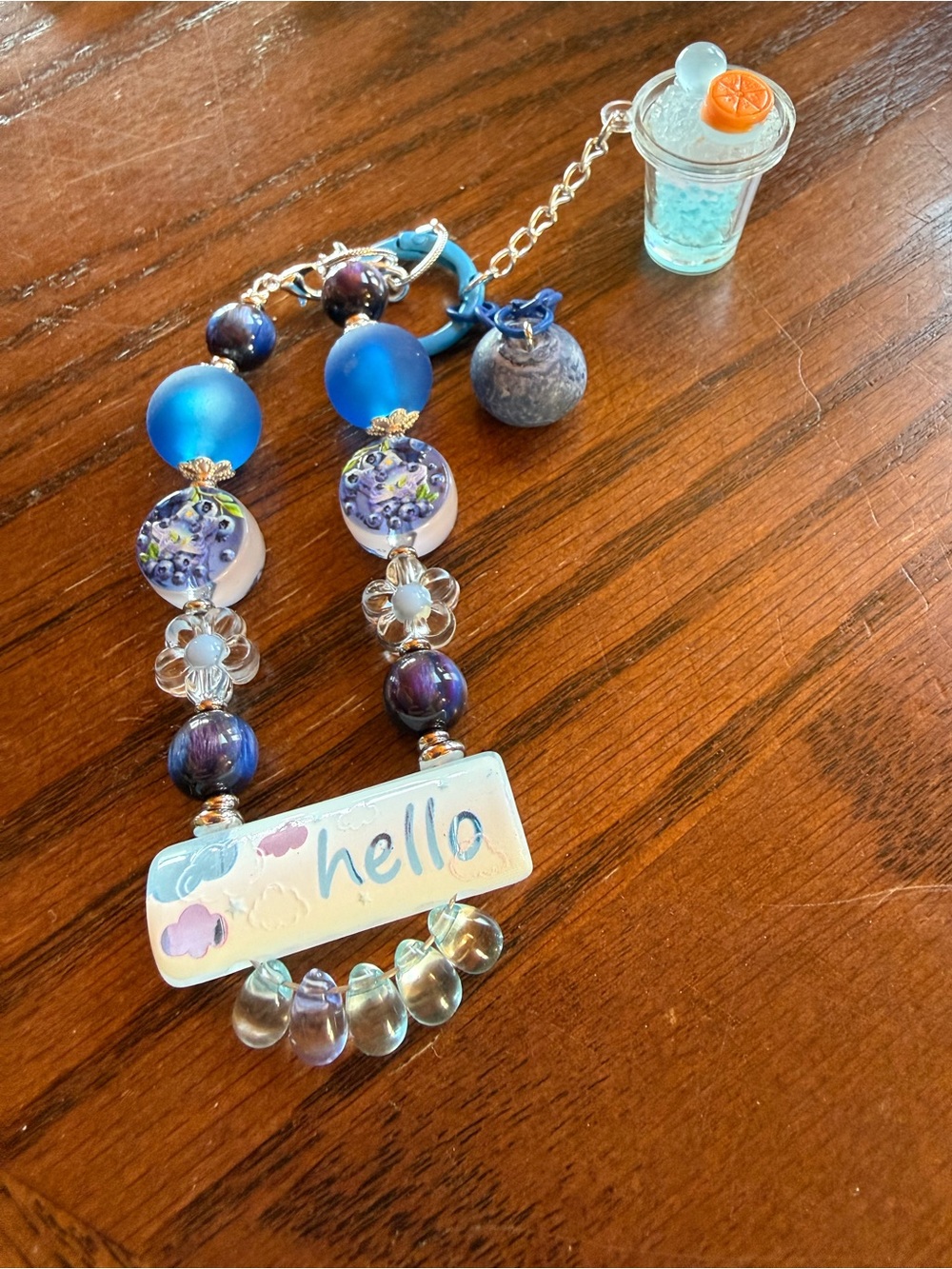 Blue 'Hello' Beaded Keychain with Charm